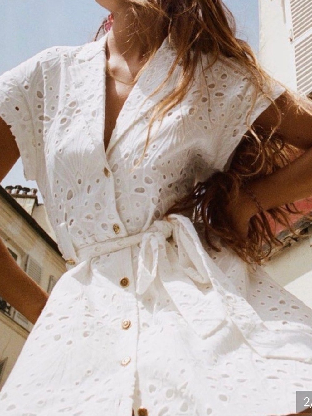 Zara White Eyelet Button-Front Summer Dress with Tie Waist